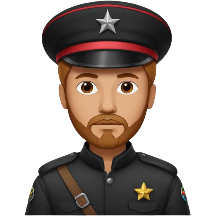 A full body tall guy with a red goatee. He wears a black military barret dressed like a star wars smuggler  emoji