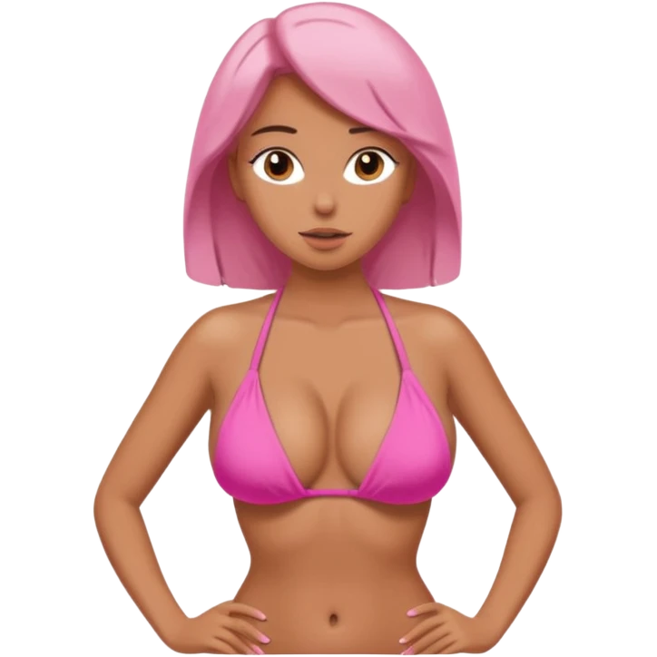 Lady with huge boobs, in a tight bikini, tanned, boobs are so big they are struggling to be contained in tight pink and very revealing bikini emoji