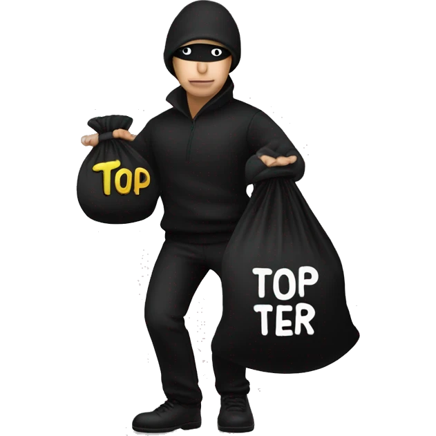 Thief wearing all black clothes actively stealing a money bag with the words Top Tier embroidered on it emoji