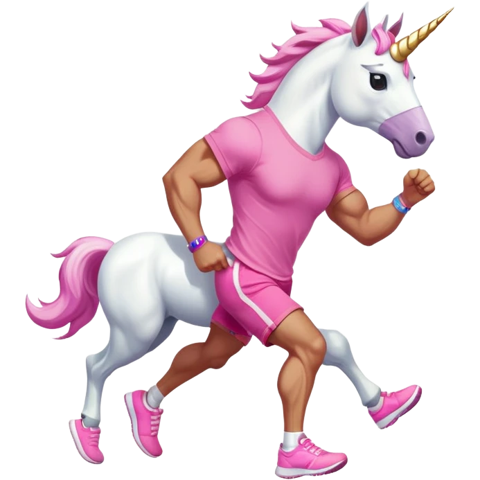 full body friendly anthropomorphised masculine unicorn with white horse-like face, muscular build, wearing pink t-shirt, shorts, trainers, dark sunglasses, running emoji