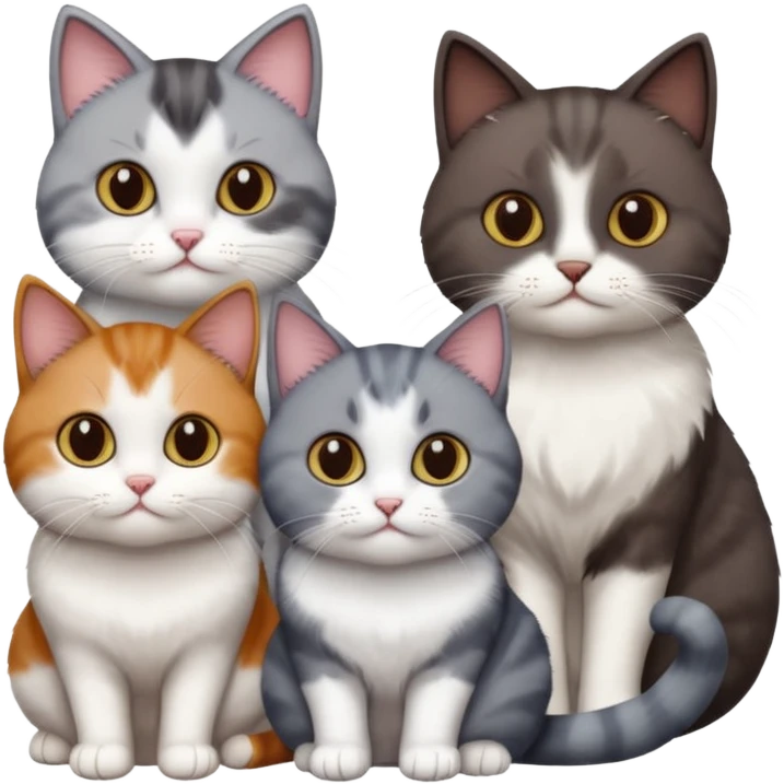 4 different coloured short haired cats including; a dark brown and white cat, and a dark grey and white  emoji