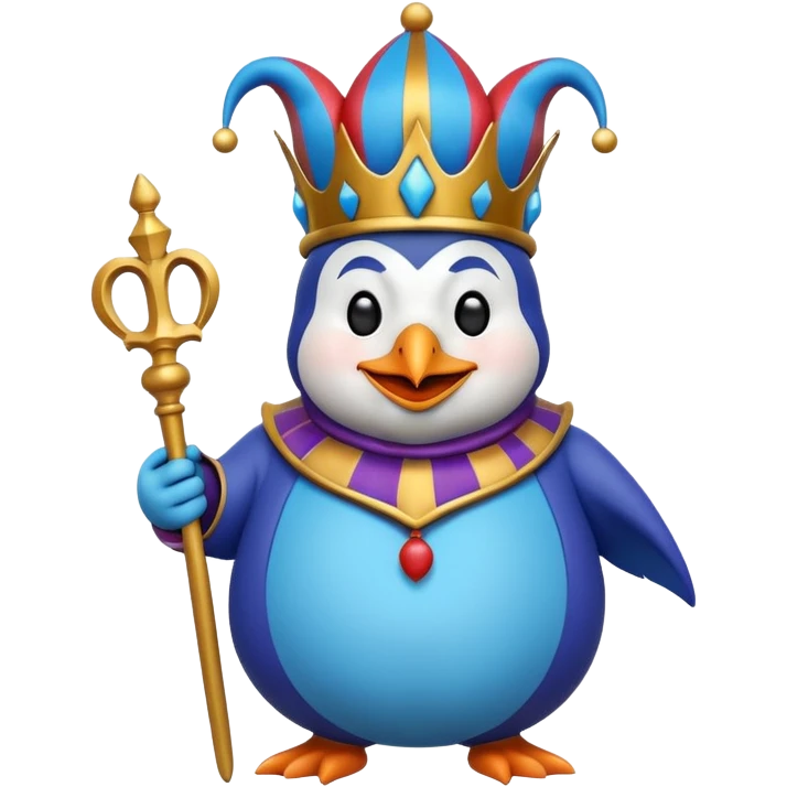 crazy colorful pudgy penguin jolly joker, medieval, vintage, court jester, mac os icon, blue color emoji