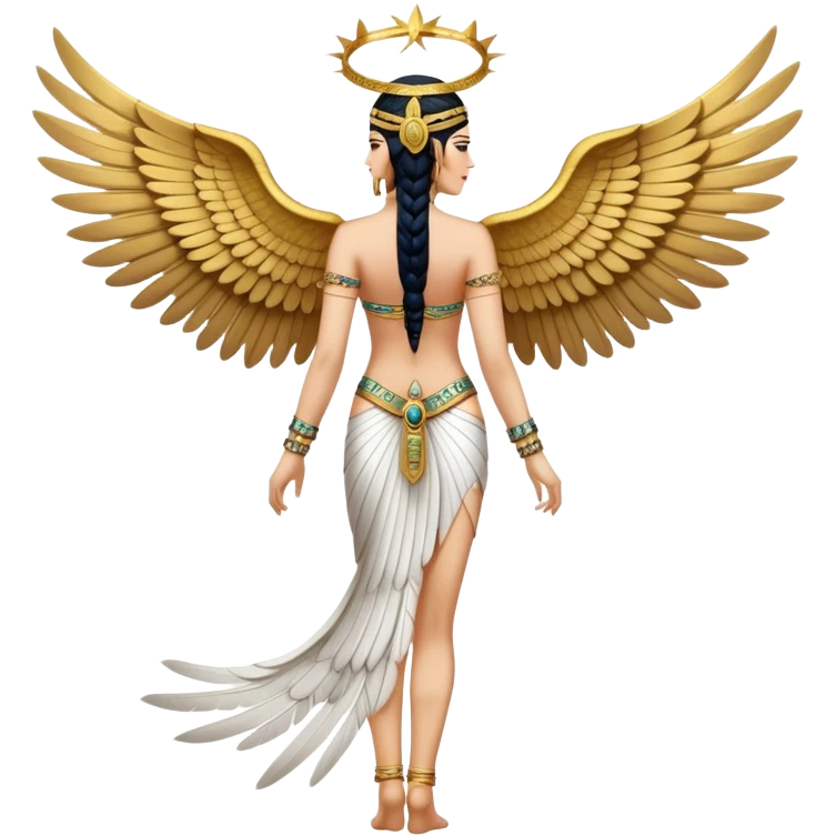 fullbody back view of Anunnaki goddess Inanna with large ornate feathered wings, bare back, Mesopotamian star symbols, and gold bracelet cuffs on wrists and ankles emoji