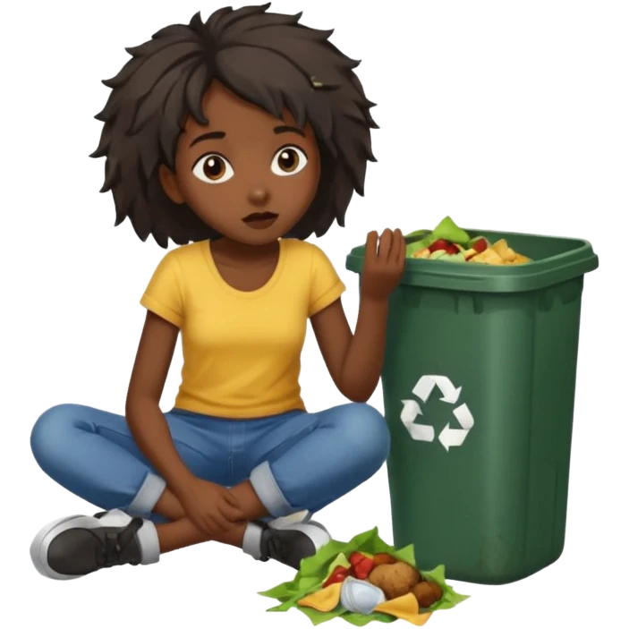 Black girl looking homeless eating food from a trash can on the floor emoji