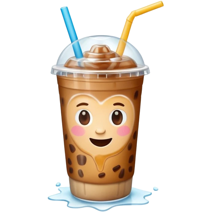 A 3D cartoon plastic cup of iced coffee with straw, clear lid, ice cubes floating, realistic condensation, bright sunlight, Memoji-style. emoji