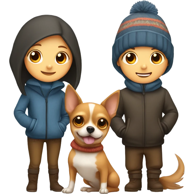 Boy and girl with winter clothes in front of fire with two chihuahuas alongside  emoji