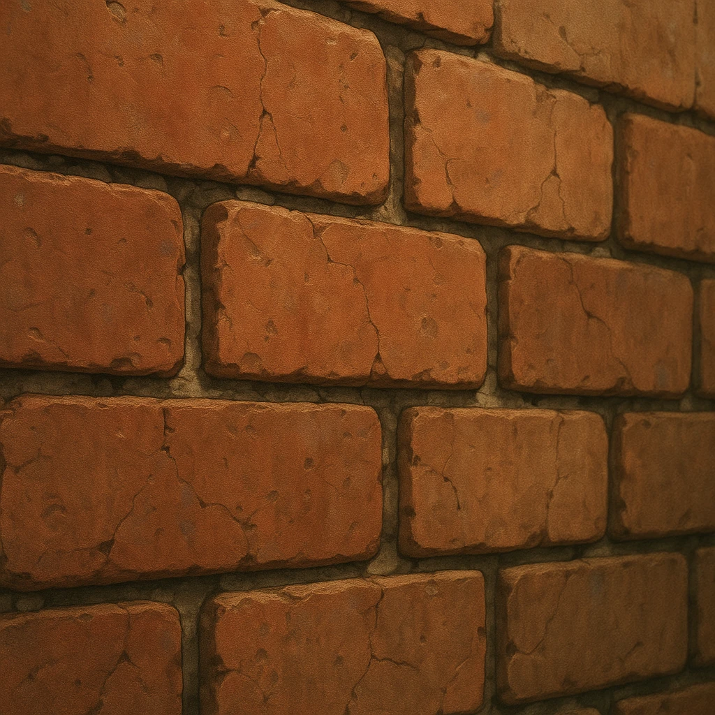 close-up of a brick wall in ghibli style, detailed red and brown bricks, rough texture, visible mortar, natural lighting, slight weathering, cracks, shallow depth of field emoji