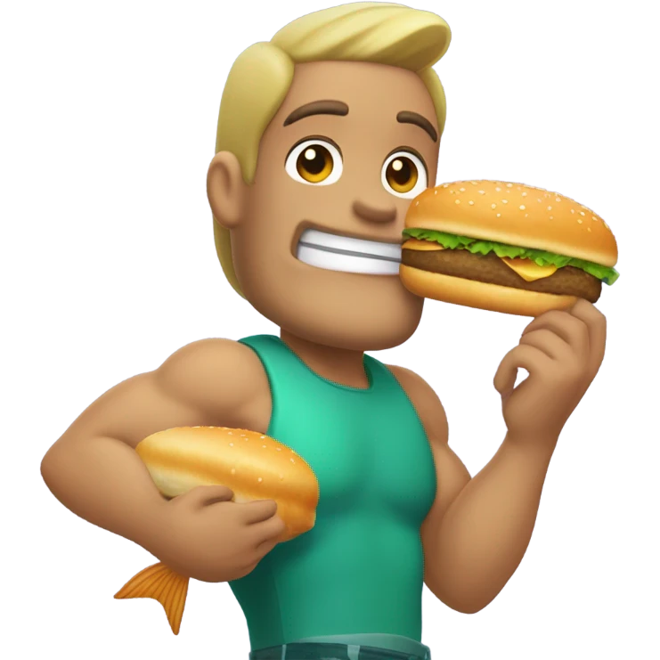 Half-mermaid man eating hamburger emoji