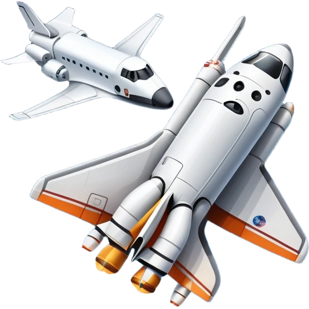 An icon featuring a space shuttle and an airplane against a starry sky, symbolizing aerospace technology. The design includes rocket boosters and satellite orbits, representing the exploration of space and advanced aviation. Transparent background emoji