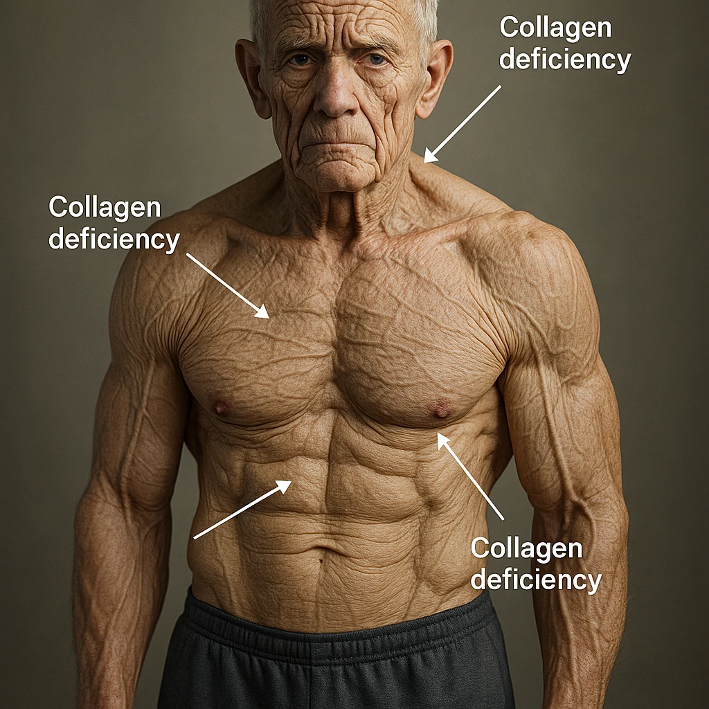 hyper realistic young bodybuilder aged due to low collagen, well visible muscles, skin with grooves and loss of elasticity, arrows showing collagen deficiency, neutral atmosphere emoji