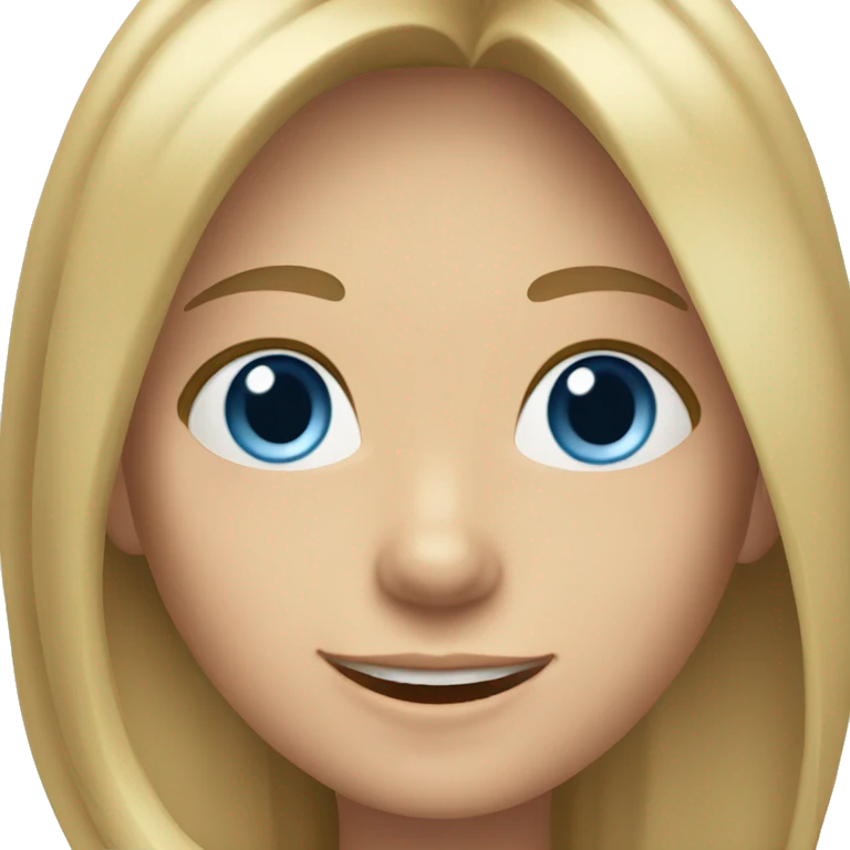 A girl with big, blue eyes, shoulder-length straight light hair, smiling emoji