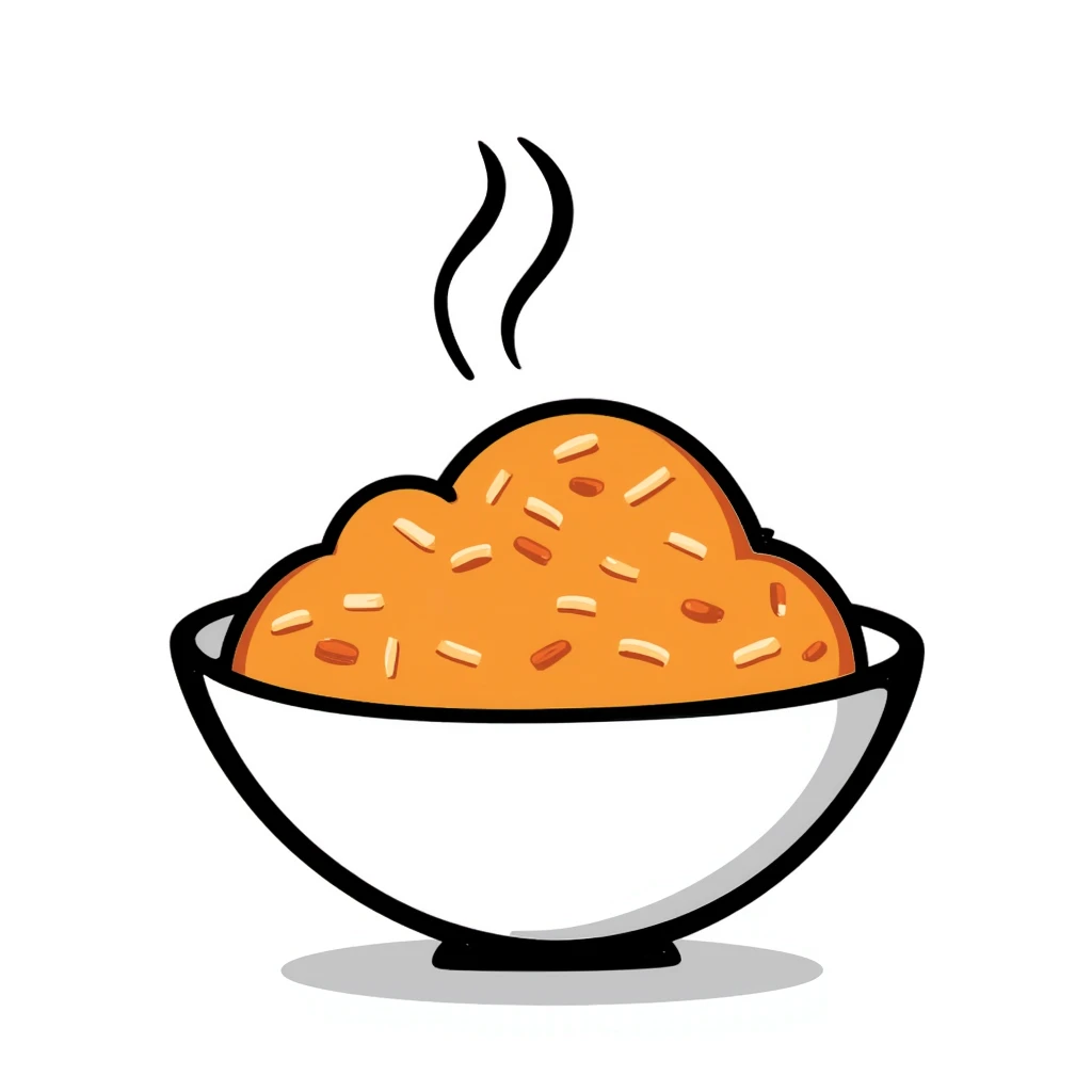 hand-drawn bowl of rice with orange-colored grains, steaming hot emoji
