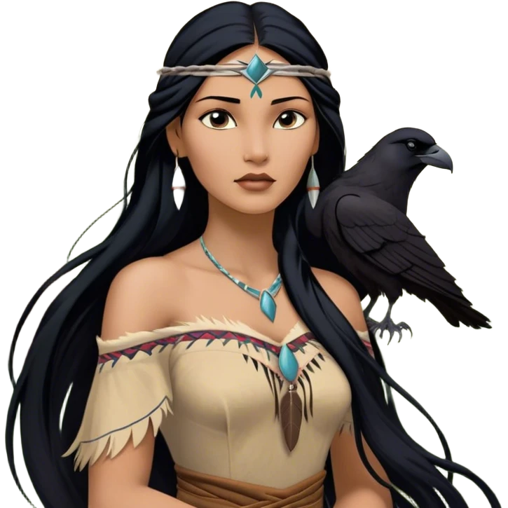 Cinematic Realistic Pocahontas Portrait, depicted with lifelike skin texture, soft natural lighting, and intricately detailed long, flowing raven-black hair that moves gracefully in the wind. Her deep, soulful dark brown eyes exude wisdom and strength, complemented by a serene yet powerful expression. She is dressed in her classic one-shoulder native american dress, with rich fabric textures and delicate beaded details that catch the light beautifully. The portrait features a soft, sun-kissed glow with a natural, radiant finish, capturing the essence of untamed beauty and deep connection to nature in a realistic and painterly style, evoking a sense of depth and authenticity. emoji