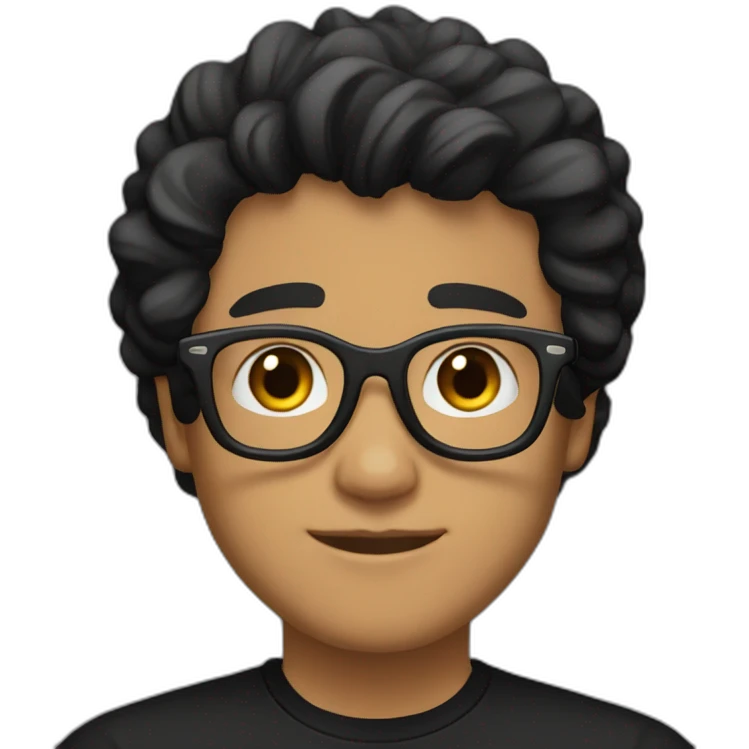 Light Brown guy, black wavy hair, no facial hair, transparent round glasses, black t shirt emoji