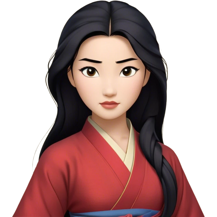 Cinematic Realistic Mulan Portrait, depicted with lifelike skin texture, soft natural lighting, and intricately detailed long black hair styled elegantly. Her deep, expressive eyes exude determination and grace, complemented by a serene yet confident expression. She is dressed in her classic attire, with rich fabric textures and delicate folds that catch the light beautifully. The portrait features a soft, enchanting glow with a natural, radiant finish, capturing the essence of timeless strength and beauty in a realistic and painterly style, evoking a sense of depth and authenticity. emoji