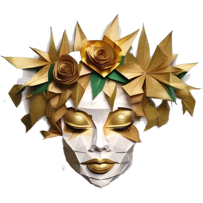  Hemp 420 lady face melting gold tropical made of 420 origami newspaper roses hemp leaves lantern fairy lights burning paper and hemp leaves in hair emoji