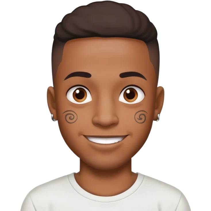 black man with small face tattoos, cheerful expression, wearing a t-shirt emoji