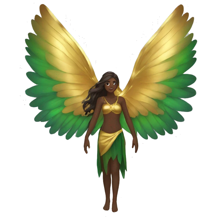 big wings, Beautiful, fairy, gold, brown, dark green, green, long hair emoji