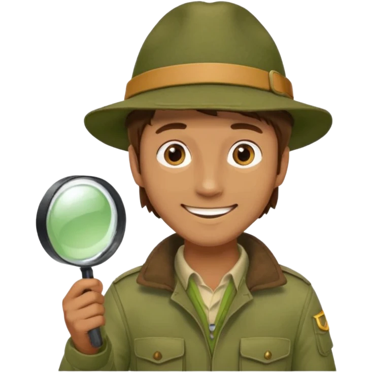  man with brown hair in beige moss green explorer outfit, hat, holding magnifying glass, smile emoji