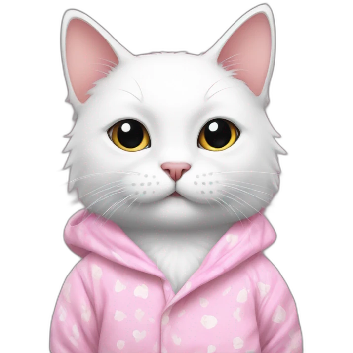 White cat with a pink pyjama with a paw drawed into emoji