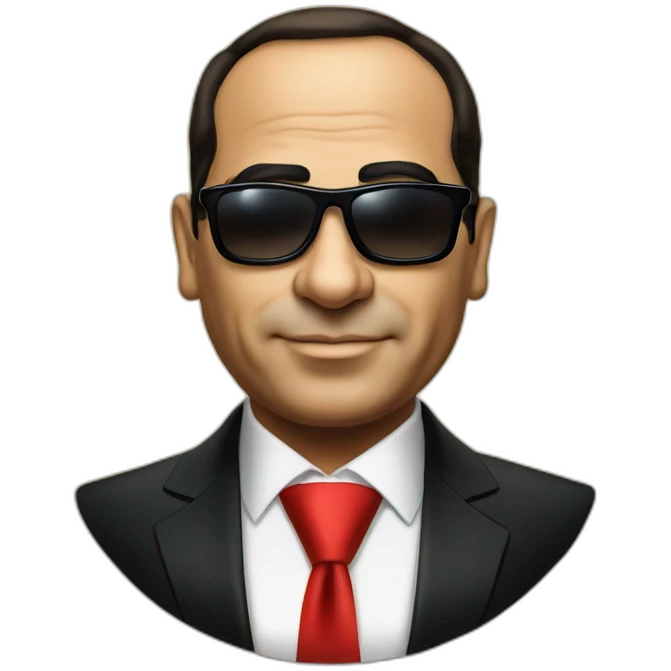 Satirical cartoon Egyptian President Al Sisi in a tuxedo wearing sun glasses with egyptian flag emoji