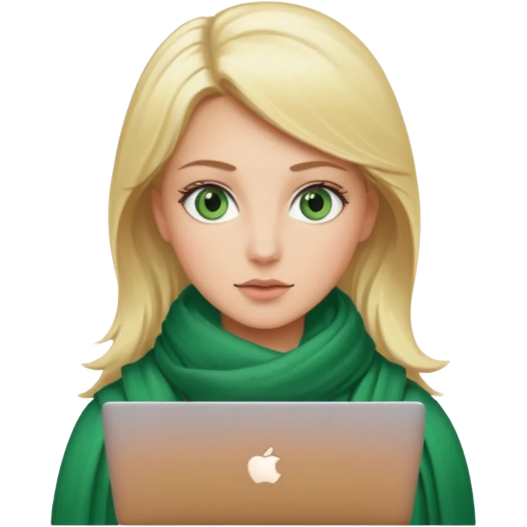 blond women skine , with green eyes and scarf . with macbook emoji