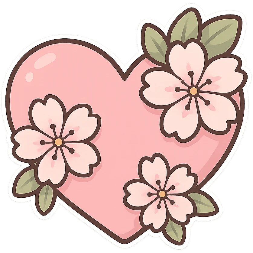 pink heart with sakura flowers, chibi stickers style emoji