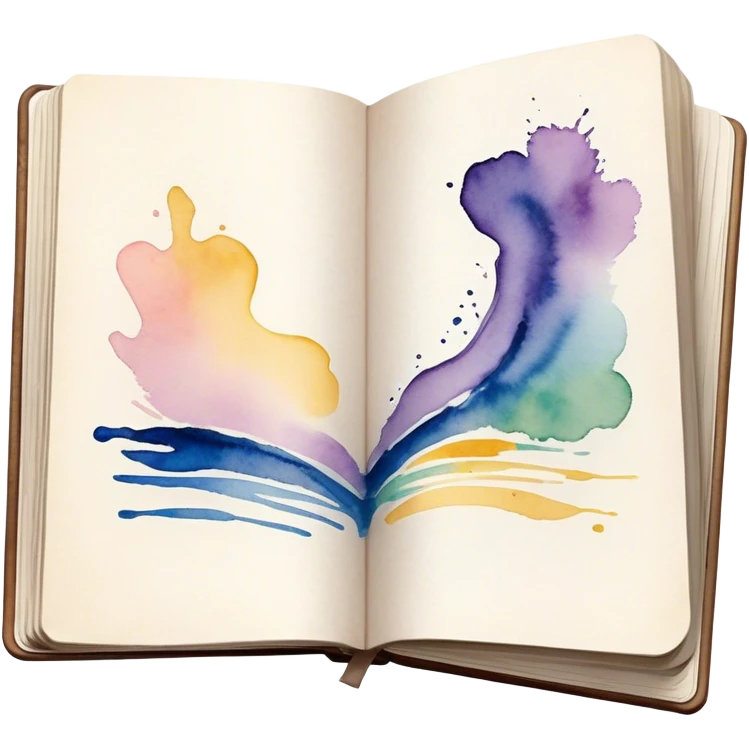 Cinematic Realistic image of an open sketchbook accompanied by a set of translucent watercolors, with delicate pigment stains and soft, flowing brushstrokes, captured under gentle, diffused lighting that highlights creative fluidity emoji