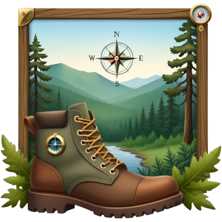 Frameless emoji for Hunting Tourism: a rifle, hunting boots, and a compass on a forest background, with a silhouette of wildlife in the distance. The icon should capture the adventure and connection with nature in hunting tourism. Transparent background. emoji