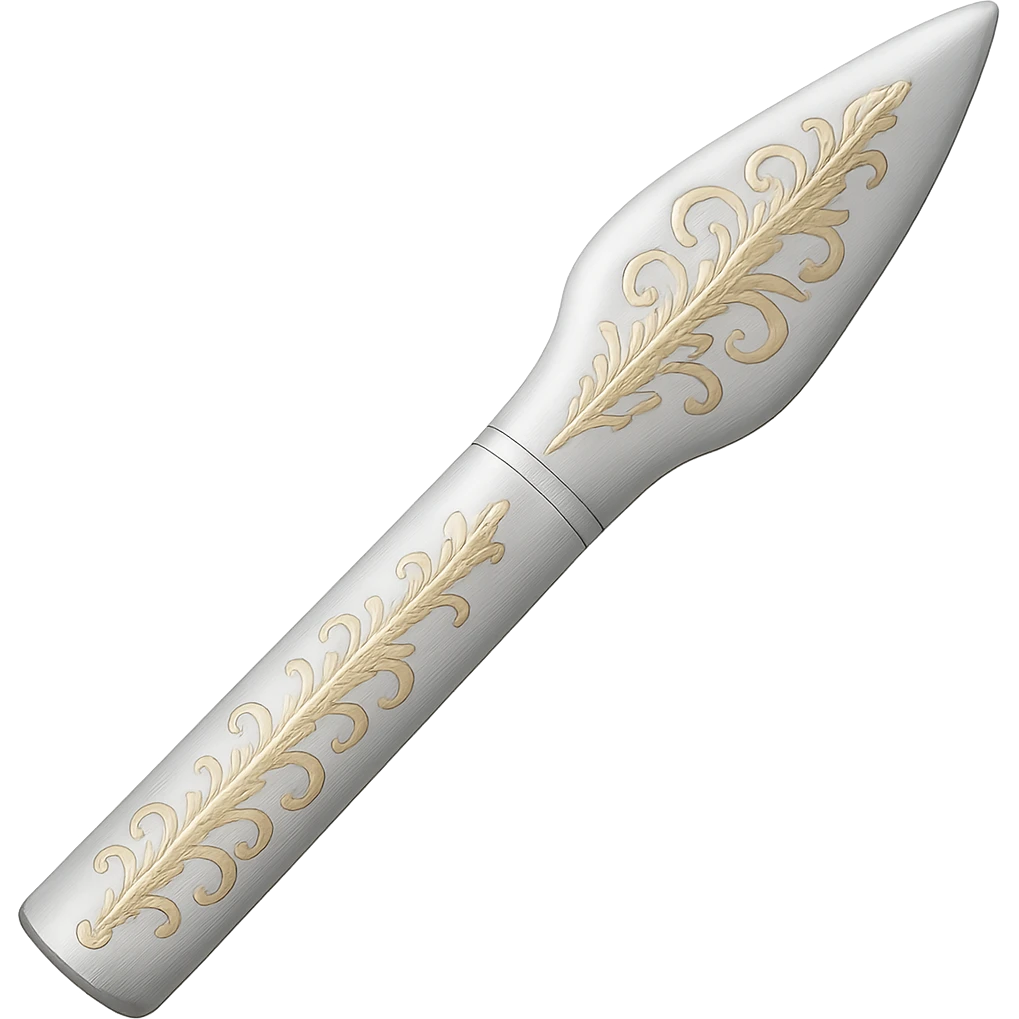 Recolor this weapon to a very light metallic silver color with subtle, elegant gold engravings, matching the gold tone and style of the provided silver shield reference. The gold should be soft and not too yellow or green. Transparent background. emoji