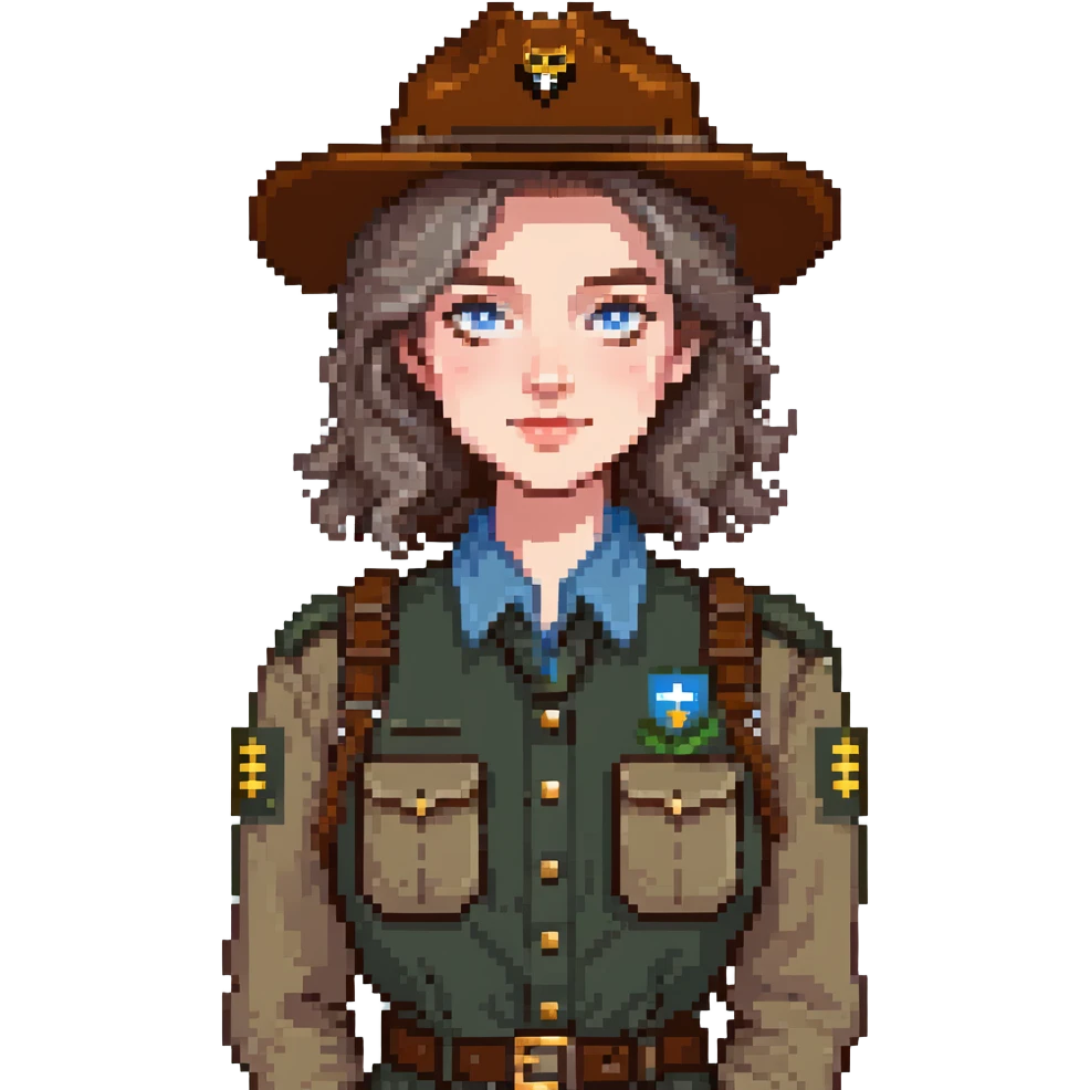 white woman park ranger with brown and gray hair and blue eyes emoji