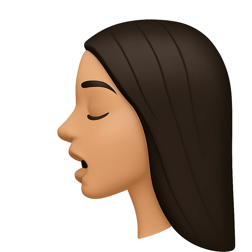 Create a side view (profile) of this woman's head in the normal iPhone emoji style, with closed eyes and an open mouth, smooth shading, no outlines, and long dark hair. Variant 1. The style should replicate the smooth shading and no outlines typical of the iPhone emoji style. emoji