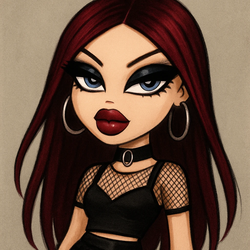 A pretty Bratz-style baddie with an emo alternative vibe: long dark red hair, pale skin, blue eyes, strong black eyeliner, confident expression. emoji