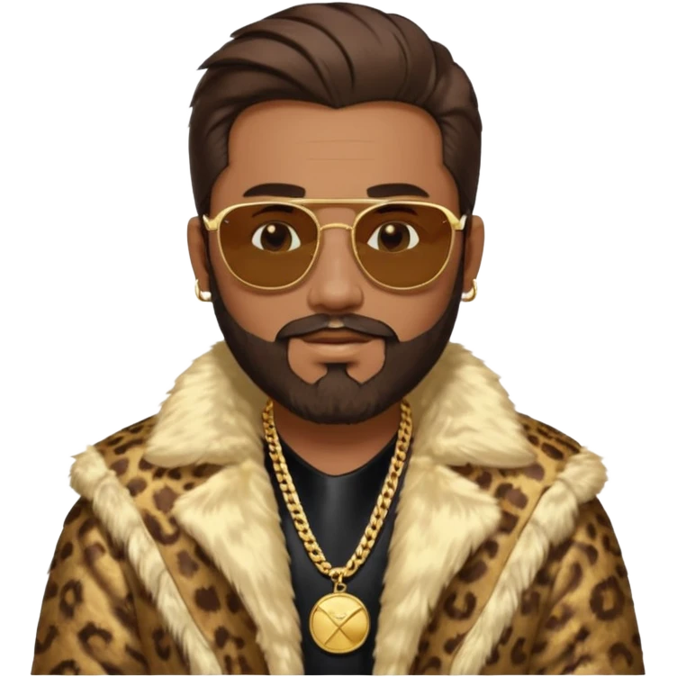 émoji homme barbu, cheveux bruns plaqués collés au crane avec raie au milieu, grosses lunettes de soleil rectangulaires à grosse branches, gros bijoux en or (chaine, montre,) manteau de fourrure très fluffy sur les épaules sourire en coin, boucles d'oreilles emoji