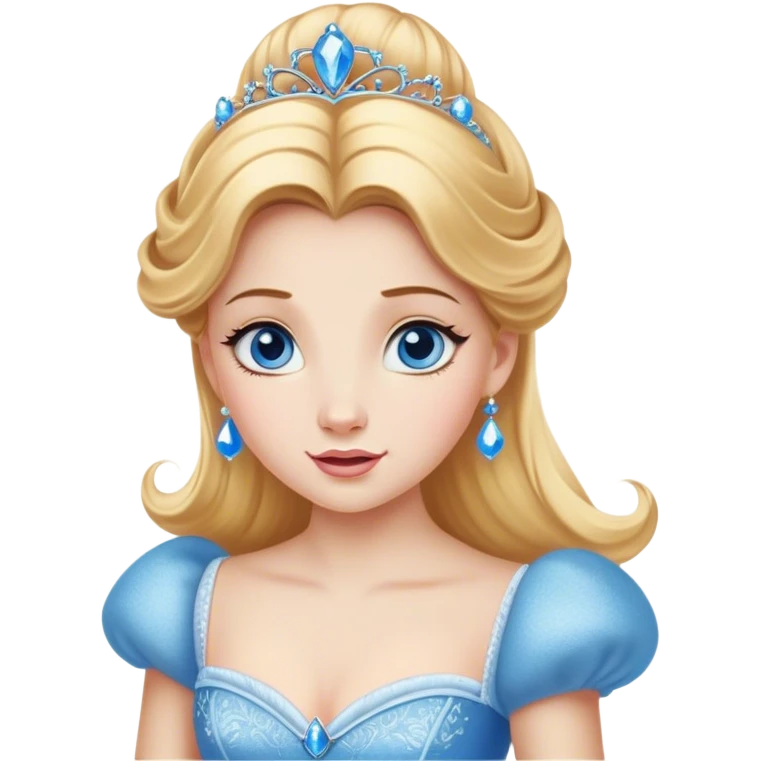 Cinematic Realistic Comical Cinderella Portrait, with every detail rendered realistically—from the soft, smooth texture of her fair skin to her artfully styled golden-blonde hair. Her bright blue eyes are wide with playful disbelief, and her expression carries a touch of whimsical humor while retaining elegant poise. Her classic ball gown, detailed with rich fabric textures and natural shadows, catches the light in a way that blends refined beauty with a hint of cheeky mischief, creating a striking, lifelike portrayal. emoji