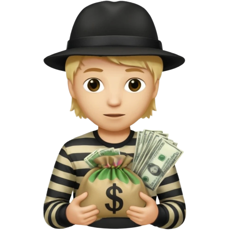 Robber with a shirt with white and black stripes holding a money bag also the robber is wearing a black robber hat and also has blond hair emoji