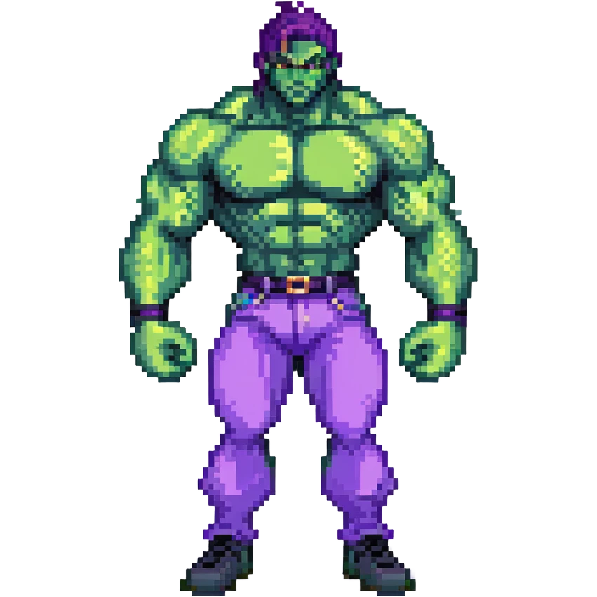 character inspired by Hulk from Marvel, green skin, muscular, purple pants emoji
