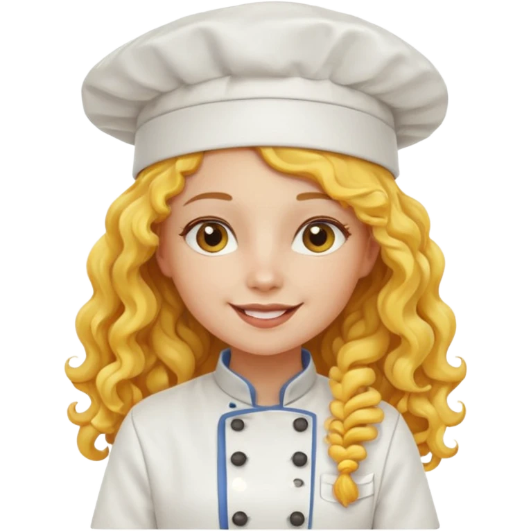 girl, yellow Long curly hair, happy, wearing chef uniform and chef hat emoji