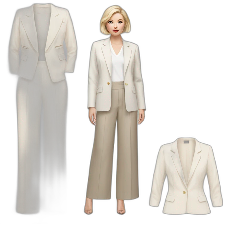 pale skin woman with ash blonde Straightened bob Hair, White Spacious classical jacket, beige palazzo Arrow pants and gray blouse holding a color palettes in the hands emoji