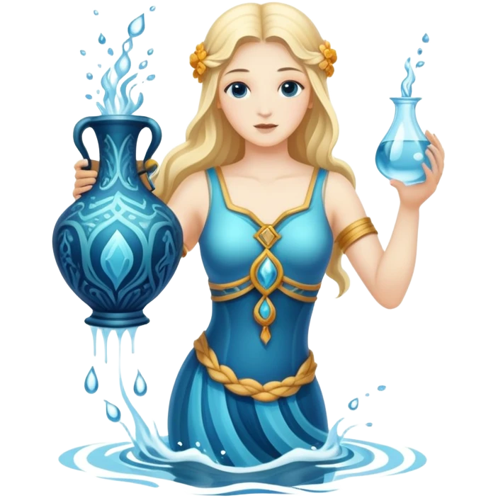 The zodiac symbol Aquarius. A mystical and beautiful water bearer, holding and pouring water into the sea from a large, intricate, and arcane vase emoji