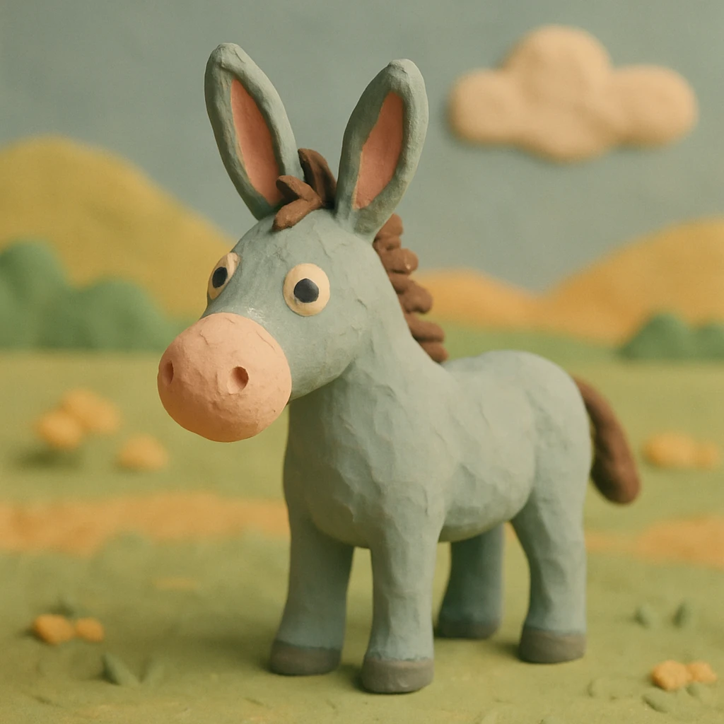 donkey standing in a field, pastel colors, visible fingerprints, playful and textured, claymation style emoji