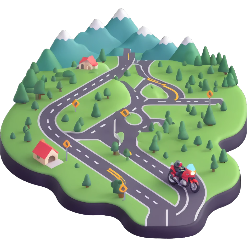 motorcycle route map with checkpoints and scenic views emoji