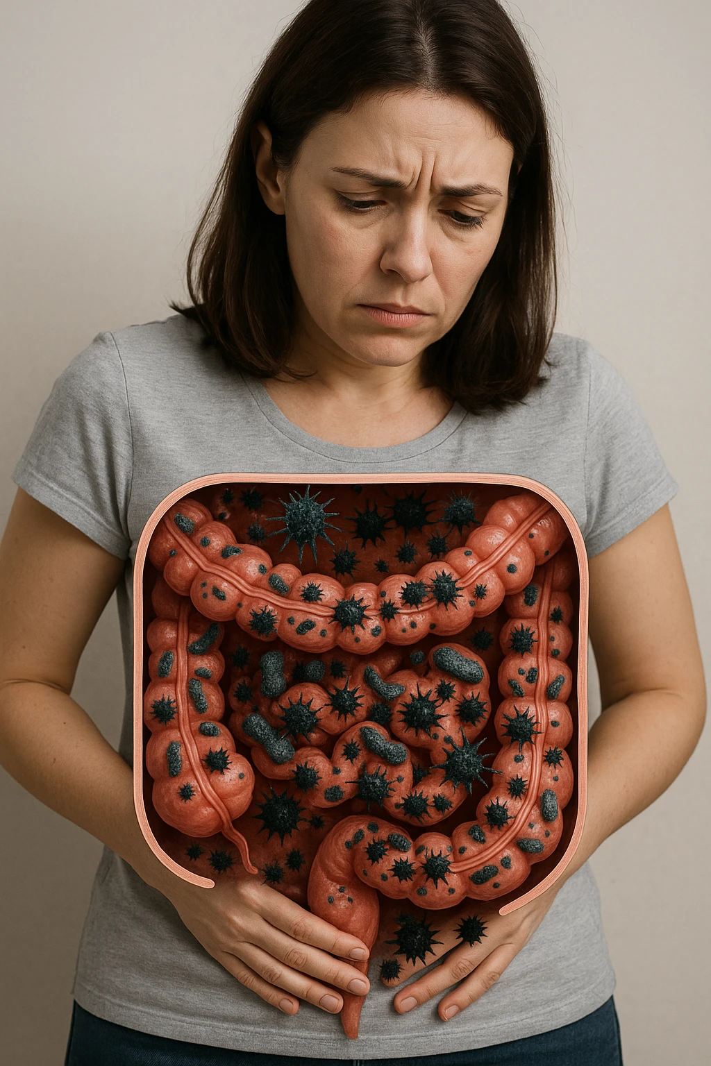 donna con batteri cattivi pieni nel suo intestino immagini realistiche emoji