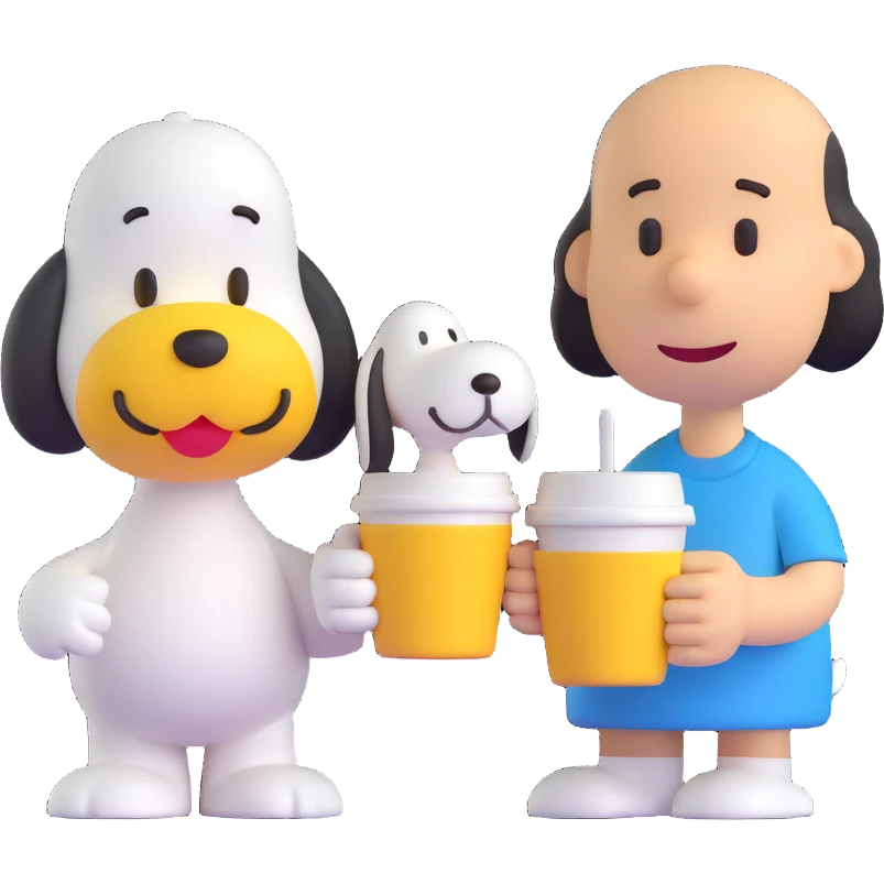 Add Woodstock standing next to Snoopy, both holding a coffee cup, in the 3D emoji style, no background. emoji