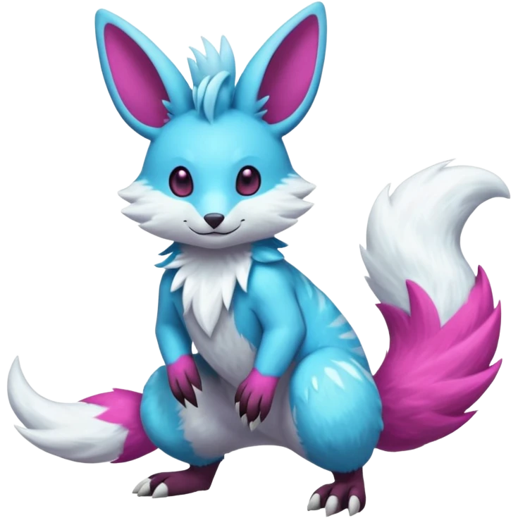 Shiny smooth silky soft Cyan-Magenta Minccino-Zeraora-Emolga-Vernid-Sergal-fusion-hybrid-animal-creature, full body emoji