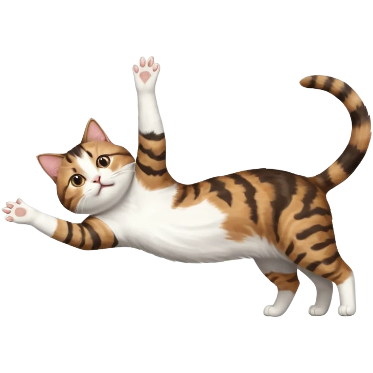 brown tabby and white cat with doing a big extremely long stretch reaching up into the air with arms and legs side by side together straight and overextended whilst lying on its side emoji