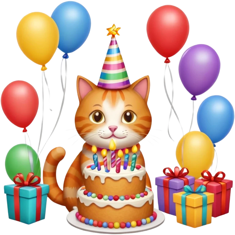 Ginger cat celebrates birthday, birthday hat, birthday cake, balloons, happy, gifts emoji