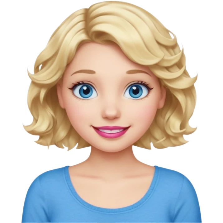 Girl Blonde short wavy hair,  blue eyes, cute blue top, long lashes, pink lips, 👄 big smile emoji
