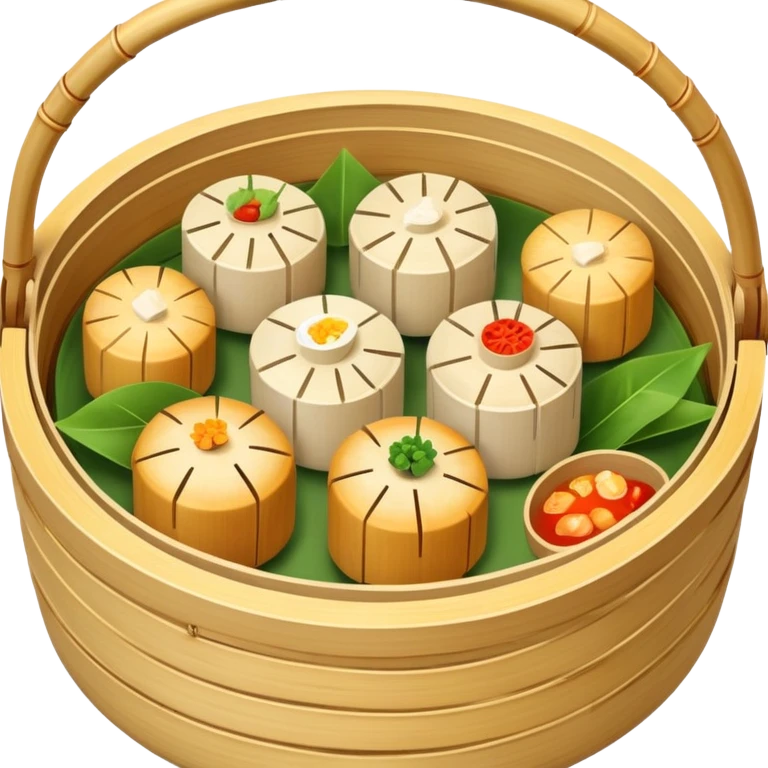 Realistic Dim Sum pieces in a bamboo stimmer basket emoji