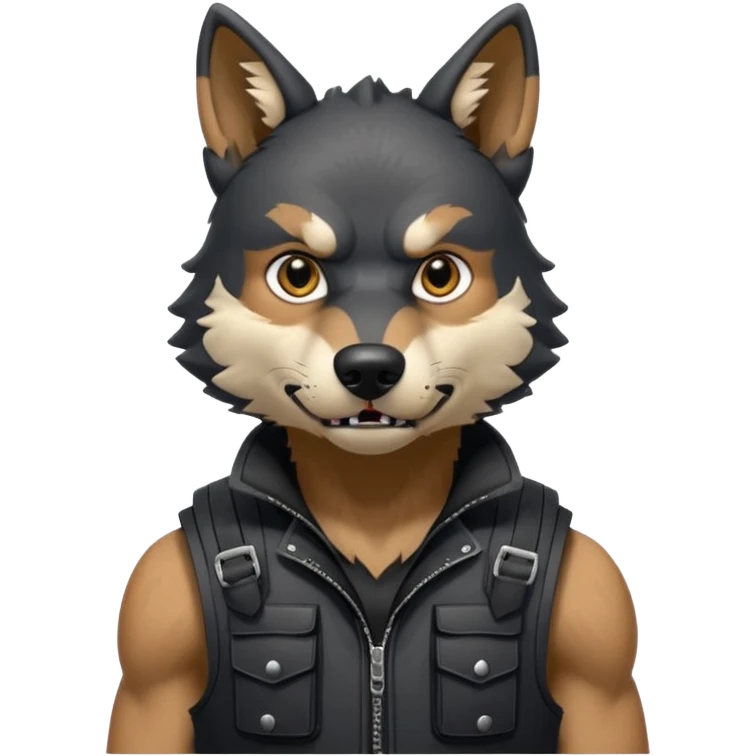 A full black anthropomorphic wolf with white marks, he is wearing a rubber like dog muzzle, and his ears are standing up with a variety of piercings. He has a black tactical vest on, and he is in a grumpy mood, his arms just hanging by his side emoji